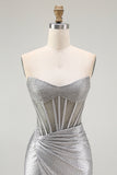 Grey Silver Strapless Bodycon Pleated Corset Mini Homecoming Dress with Beading