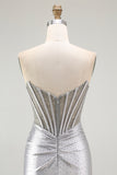 Grey Silver Strapless Bodycon Pleated Corset Mini Homecoming Dress with Beading