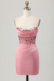 Blush Strapless Sequins Tight Corset Homecoming Dress