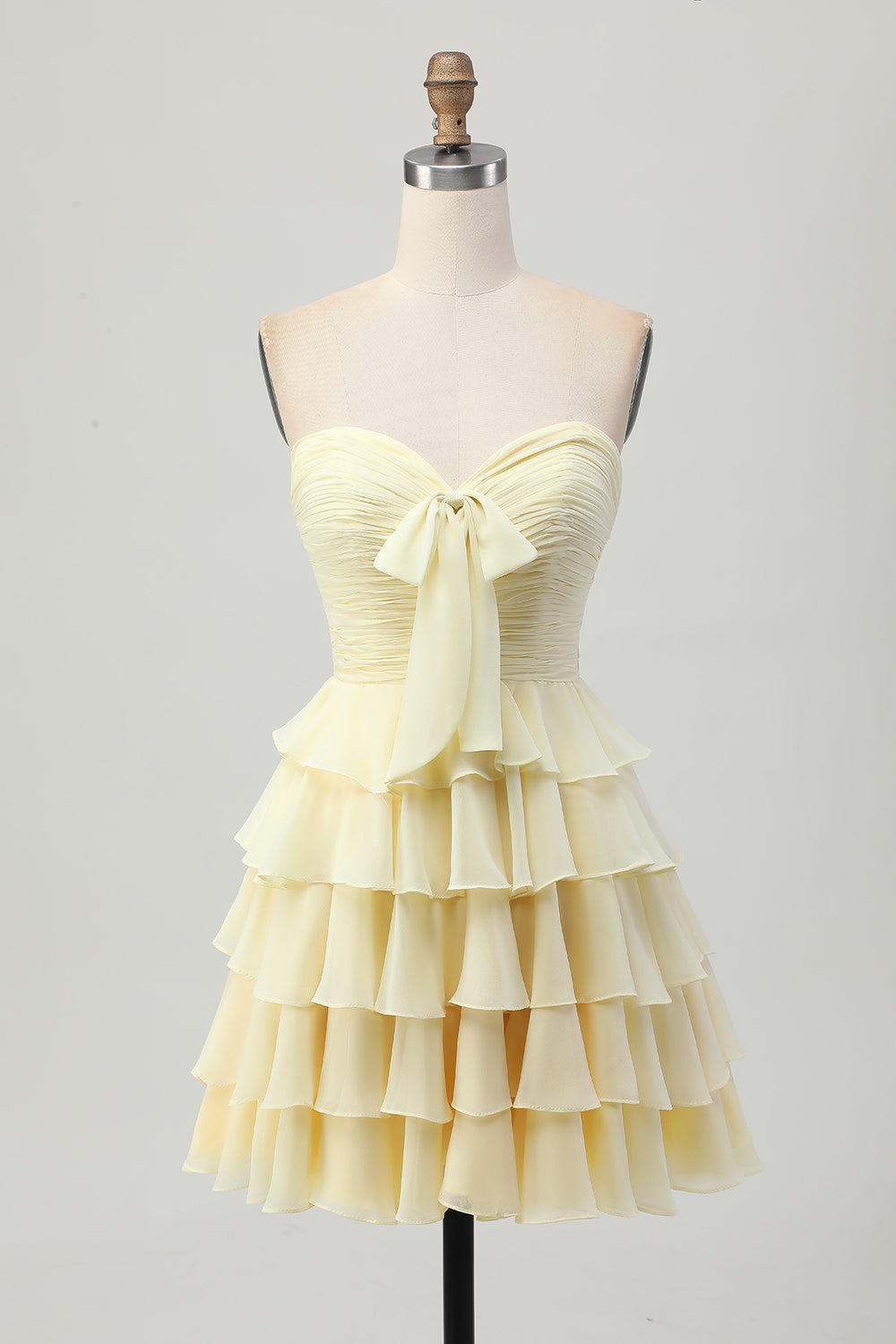 WEDTREND Women Strapless Tiered Homecoming Dress Light Yellow A Line Ruched Short Prom Dress with Bow WEDTREND Women Strapless Tiered Homecoming Dress Light Yellow A Line Ruched Short Prom Dress with Bow
