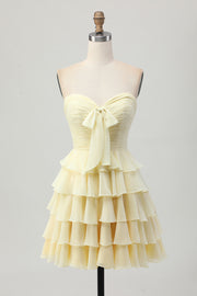 Light Yellow Strapless Tiered Ruched A Line Short Homecoming Dress