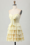 Light Yellow Strapless Tiered Ruched A Line Short Homecoming Dress