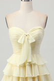 Light Yellow Strapless Tiered Ruched A Line Short Homecoming Dress