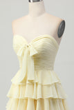 Light Yellow Strapless Tiered Ruched A Line Short Homecoming Dress