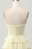 Light Yellow Strapless Tiered Ruched A Line Short Homecoming Dress