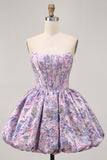 Cute A Line Strapless Brocade Floral Corset Mini Purple Homecoming Dress