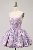 Cute A Line Strapless Brocade Floral Corset Mini Purple Homecoming Dress