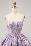 Cute A Line Strapless Brocade Floral Corset Mini Purple Homecoming Dress