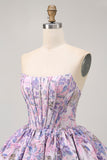 Cute A Line Strapless Brocade Floral Corset Mini Purple Homecoming Dress