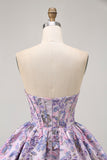 Cute A Line Strapless Brocade Floral Corset Mini Purple Homecoming Dress