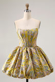 Yellow A Line Strapless Brocade Floral Mini Homecoming Dress