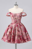 Blush A-Line Off The Shoulder Lace Up Floral Brocade Mini Homecoming Dress