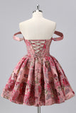 Blush A-Line Off The Shoulder Lace Up Floral Brocade Mini Homecoming Dress