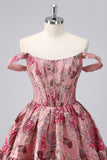 Blush A-Line Off The Shoulder Lace Up Floral Brocade Mini Homecoming Dress