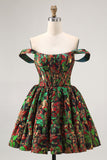 Dark Green A-Line Off The Shoulder Brocade Mini Floral Homecoming Dress