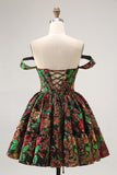 Dark Green A-Line Off The Shoulder Brocade Mini Floral Homecoming Dress