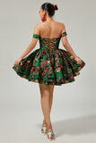 Dark Green A-Line Off The Shoulder Brocade Mini Floral Homecoming Dress