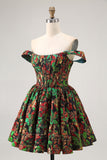 Dark Green A-Line Off The Shoulder Brocade Mini Floral Homecoming Dress