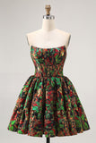 Dark Green A-Line Off The Shoulder Brocade Mini Floral Homecoming Dress