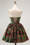 Dark Green A-Line Off The Shoulder Brocade Mini Floral Homecoming Dress