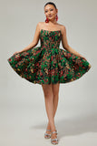 Dark Green A-Line Off The Shoulder Brocade Mini Floral Homecoming Dress