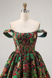 Dark Green A-Line Off The Shoulder Brocade Mini Floral Homecoming Dress