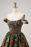 Dark Green A-Line Off The Shoulder Brocade Mini Floral Homecoming Dress