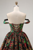 Dark Green A-Line Off The Shoulder Brocade Mini Floral Homecoming Dress