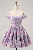 Purple A-Line Off The Shoulder Brocade Floral Mini Homecoming Dress