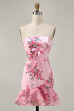 Bodycon Strapless Pink Floral Printed Short Homecoming Dress with Ruffles