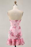 Bodycon Strapless Pink Floral Printed Short Homecoming Dress with Ruffles