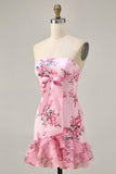 Bodycon Strapless Pink Floral Printed Short Homecoming Dress with Ruffles