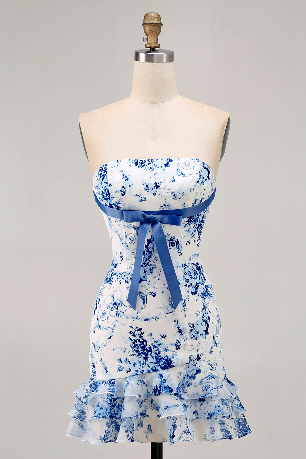 WEDTREND Women Strapless Homecoming Dress Ruffled White Blue Flower Bodycon Printed Short Cocktail Dress WEDTREND Women Strapless Homecoming Dress Ruffled White Blue Flower Bodycon Printed Short Cocktail Dress