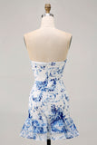 White Blue Flower Bodycon Strapless Printed Short Homecoming Dress