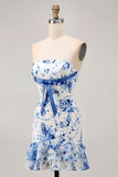White Blue Flower Bodycon Strapless Printed Short Homecoming Dress