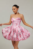 White Blue Flower A-Line Strapless Printed Homecoming Dress with Beading