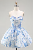White Blue Flower A-Line Strapless Printed Homecoming Dress with Beading