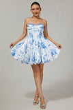 White Blue Flower A-Line Strapless Printed Homecoming Dress with Beading