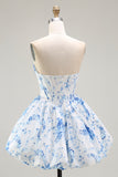 White Blue Flower A-Line Strapless Printed Homecoming Dress with Beading