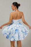 White Blue Flower A-Line Strapless Printed Homecoming Dress with Beading
