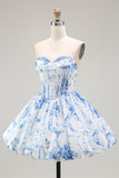 White Blue Flower A-Line Strapless Printed Homecoming Dress with Beading