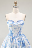 White Blue Flower A-Line Strapless Printed Homecoming Dress with Beading