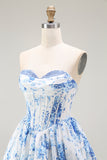 White Blue Flower A-Line Strapless Printed Homecoming Dress with Beading