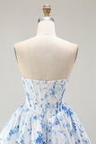 White Blue Flower A-Line Strapless Printed Homecoming Dress with Beading