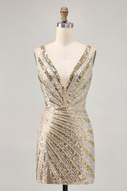 Sparkly Sequins Golden V-Neck Backless Short Homecoming Dress