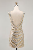 Sparkly Sequins Golden V-Neck Backless Short Homecoming Dress
