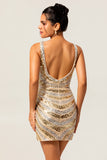 Sparkly Sequins Golden V-Neck Backless Short Homecoming Dress
