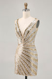 Sparkly Sequins Golden V-Neck Backless Short Homecoming Dress