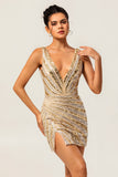 Sparkly Sequins Golden V-Neck Backless Short Homecoming Dress