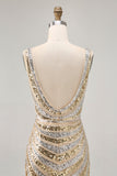 Sparkly Sequins Golden V-Neck Backless Short Homecoming Dress